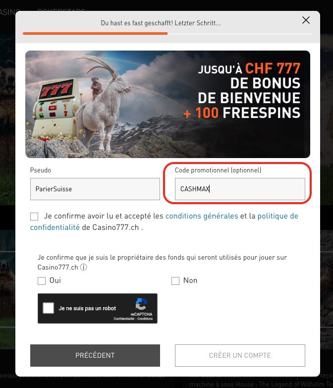 Code promo Casino777 à ajouter lors de l'inscription 